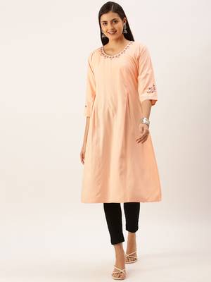 Showoff women's calf length round neck peach solid straight kurta 4