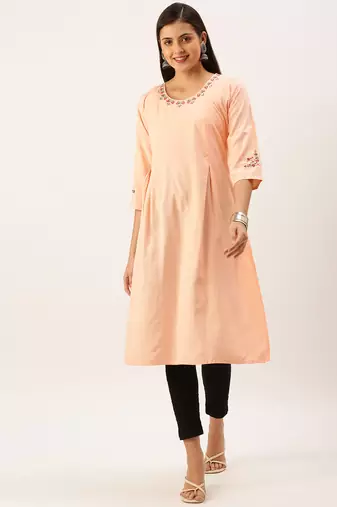 Showoff women's calf length round neck peach solid straight kurta
