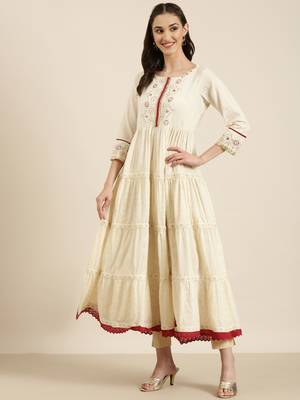 women's ankle length round neck cream woven design anarkali kurta 4