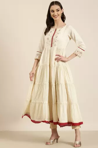 women's ankle length round neck cream woven design anarkali kurta