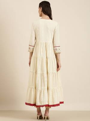 women's ankle length round neck cream woven design anarkali kurta 5