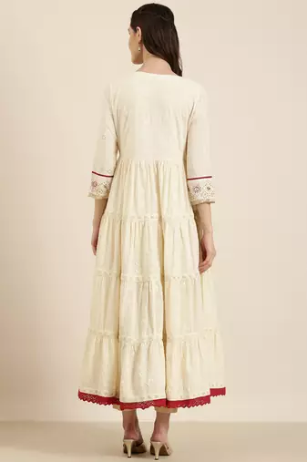 women's ankle length round neck cream woven design anarkali kurta