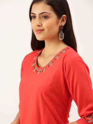 women's calf length round neck red solid straight kurta 1