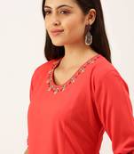 women's calf length round neck red solid straight kurta