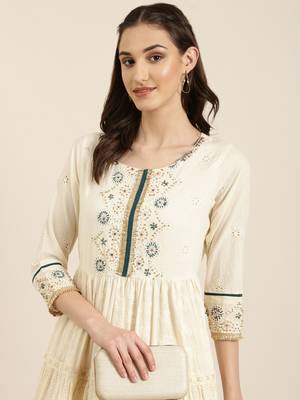 women's ankle length round neck off white woven design anarkali kurta 1