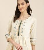 women's ankle length round neck off white woven design anarkali kurta