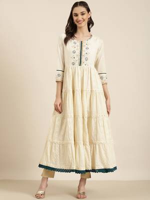 women's ankle length round neck off white woven design anarkali kurta 2