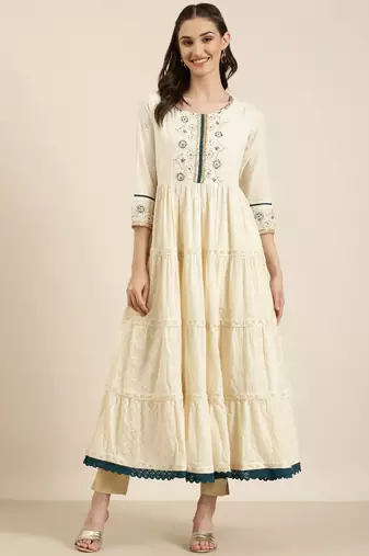 women's ankle length round neck off white woven design anarkali kurta