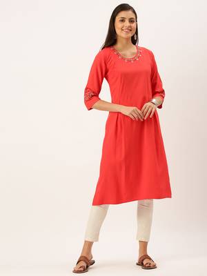 women's calf length round neck red solid straight kurta 2