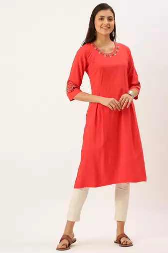 women's calf length round neck red solid straight kurta