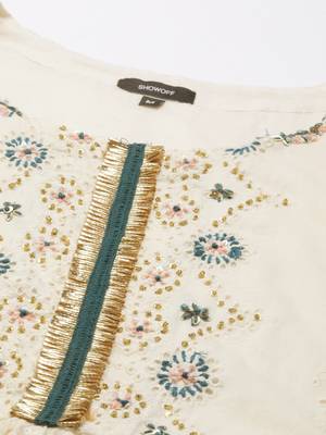 women's ankle length round neck off white woven design anarkali kurta 3