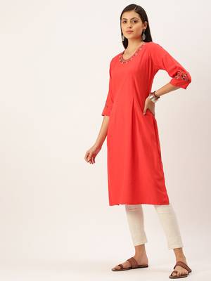 women's calf length round neck red solid straight kurta 3