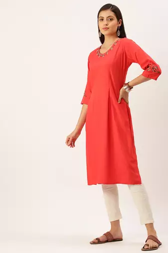 women's calf length round neck red solid straight kurta