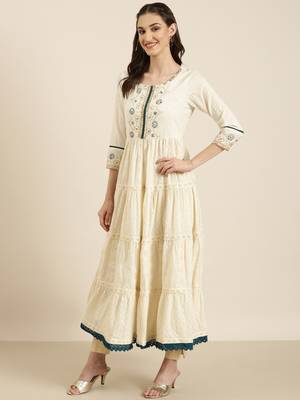 women's ankle length round neck off white woven design anarkali kurta 4
