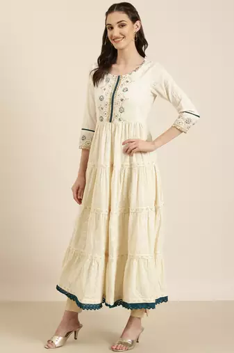women's ankle length round neck off white woven design anarkali kurta