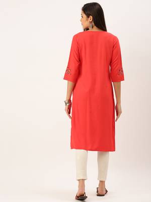 women's calf length round neck red solid straight kurta 4