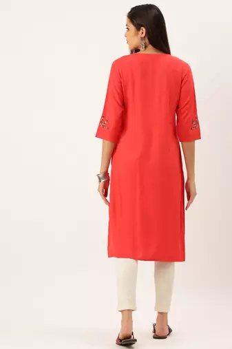 women's calf length round neck red solid straight kurta