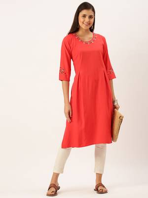 women's calf length round neck red solid straight kurta 5