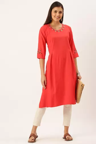women's calf length round neck red solid straight kurta