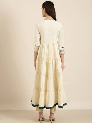 women's ankle length round neck off white woven design anarkali kurta 5
