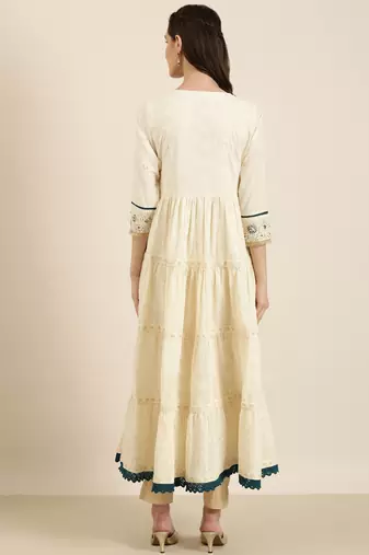 women's ankle length round neck off white woven design anarkali kurta