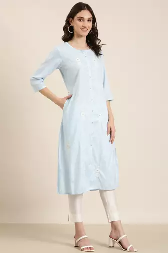 women's calf length round neck blue striped straight kurta
