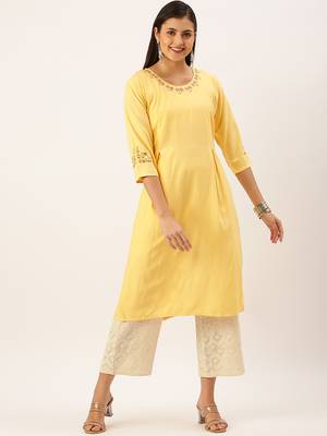 women's calf length round neck yellow solid straight kurta 3