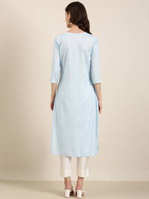 women's calf length round neck blue striped straight kurta 5