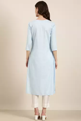 women's calf length round neck blue striped straight kurta