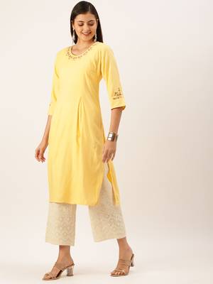 women's calf length round neck yellow solid straight kurta 4