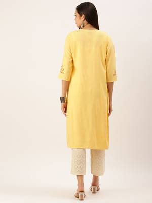 women's calf length round neck yellow solid straight kurta 5