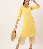 women's calf length round neck yellow solid straight kurta