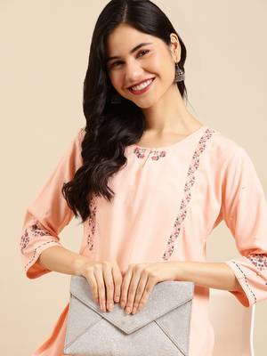 women's calf length keyhole neck peach solid straight kurta 1