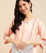 women's calf length keyhole neck peach solid straight kurta
