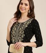 women's calf length round neck black floral straight kurta