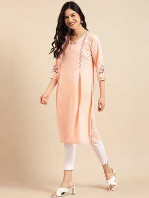 women's calf length keyhole neck peach solid straight kurta 4