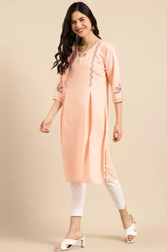 women's calf length keyhole neck peach solid straight kurta