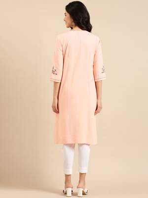 women's calf length keyhole neck peach solid straight kurta 5