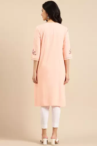 women's calf length keyhole neck peach solid straight kurta