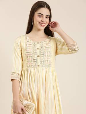 women's calf length round neck yellow woven design straight kurta 1