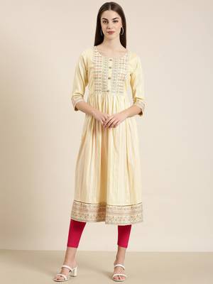 women's calf length round neck yellow woven design straight kurta 2