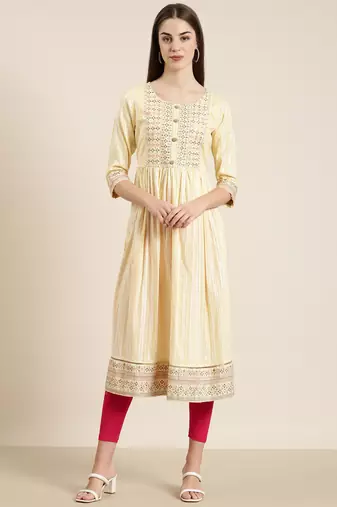 women's calf length round neck yellow woven design straight kurta