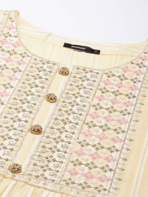 women's calf length round neck yellow woven design straight kurta 3
