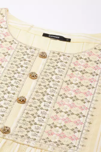 women's calf length round neck yellow woven design straight kurta