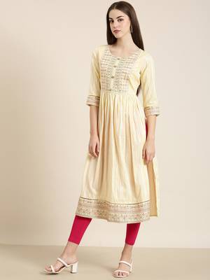 women's calf length round neck yellow woven design straight kurta 4