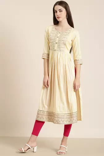 women's calf length round neck yellow woven design straight kurta