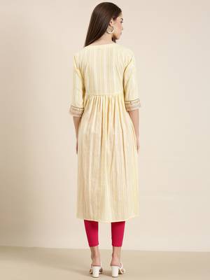 women's calf length round neck yellow woven design straight kurta 5
