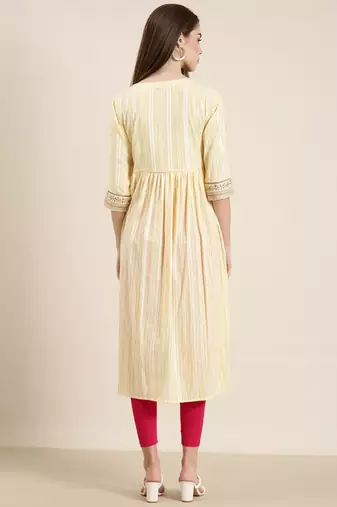 women's calf length round neck yellow woven design straight kurta