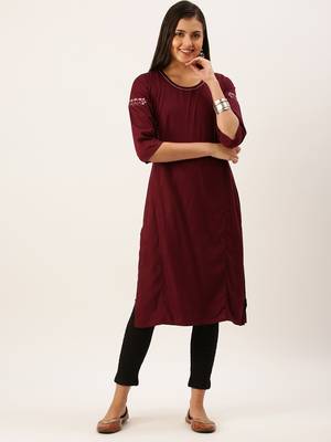 women's calf length round neck magenta solid straight kurta 2