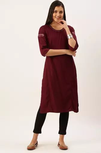 women's calf length round neck magenta solid straight kurta